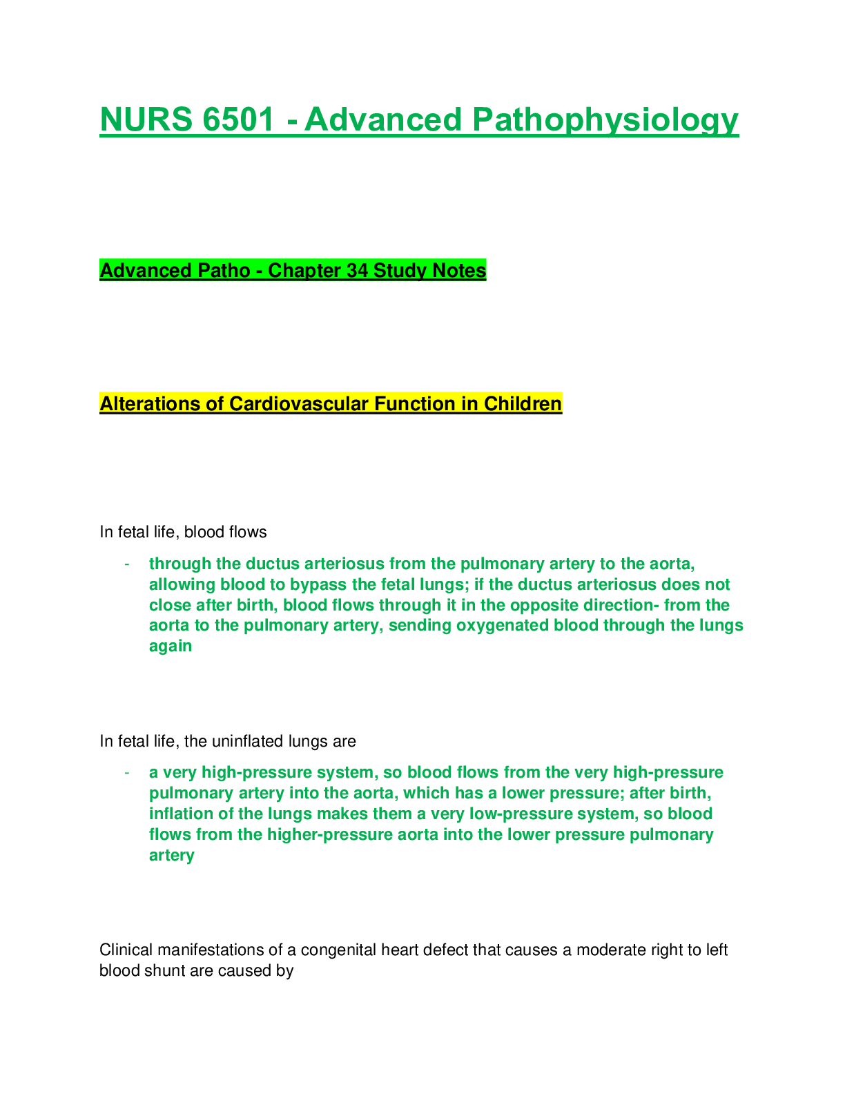 Preview image of NURS 6501 / NURS6501: Advanced Pathophysiology - Chapter 34 Study Notes (Latest Update) Walden University document